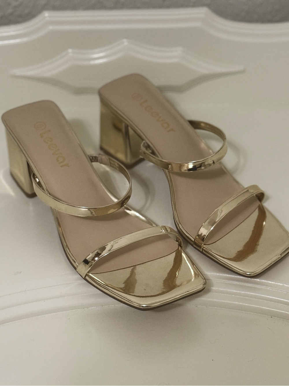 Gold Square-Toe Block Heel Sandals
